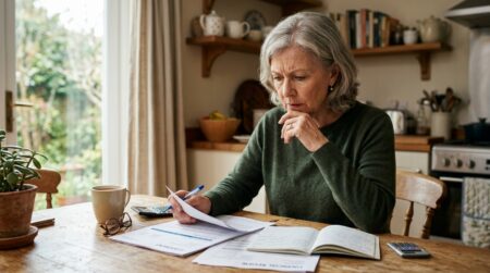 Femme âgée consultant des documents financiers à table