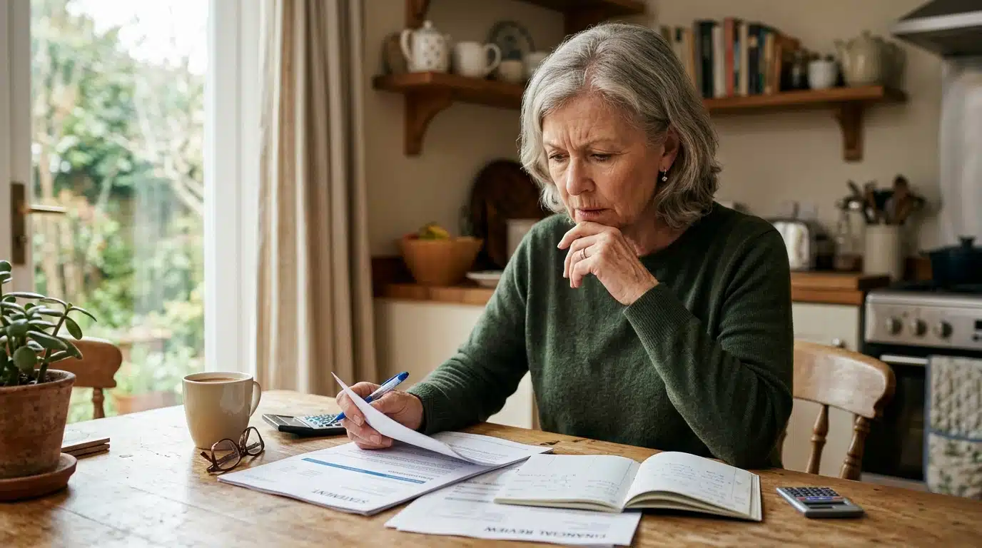 Femme âgée consultant des documents financiers à table