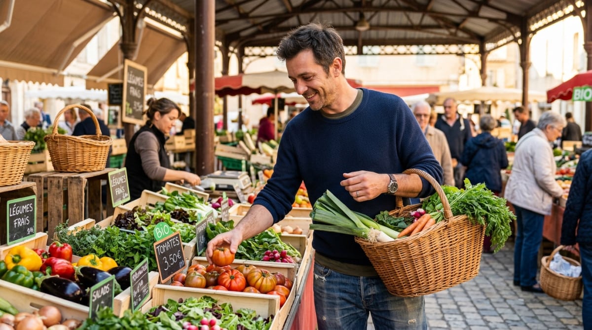 Père de famille faisant ses courses au marché