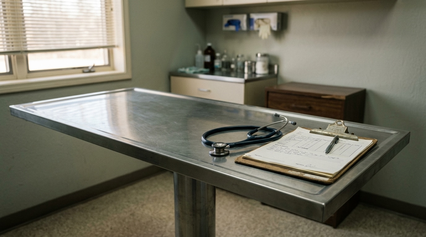 Table d'examen vétérinaire vide dans une clinique sombre