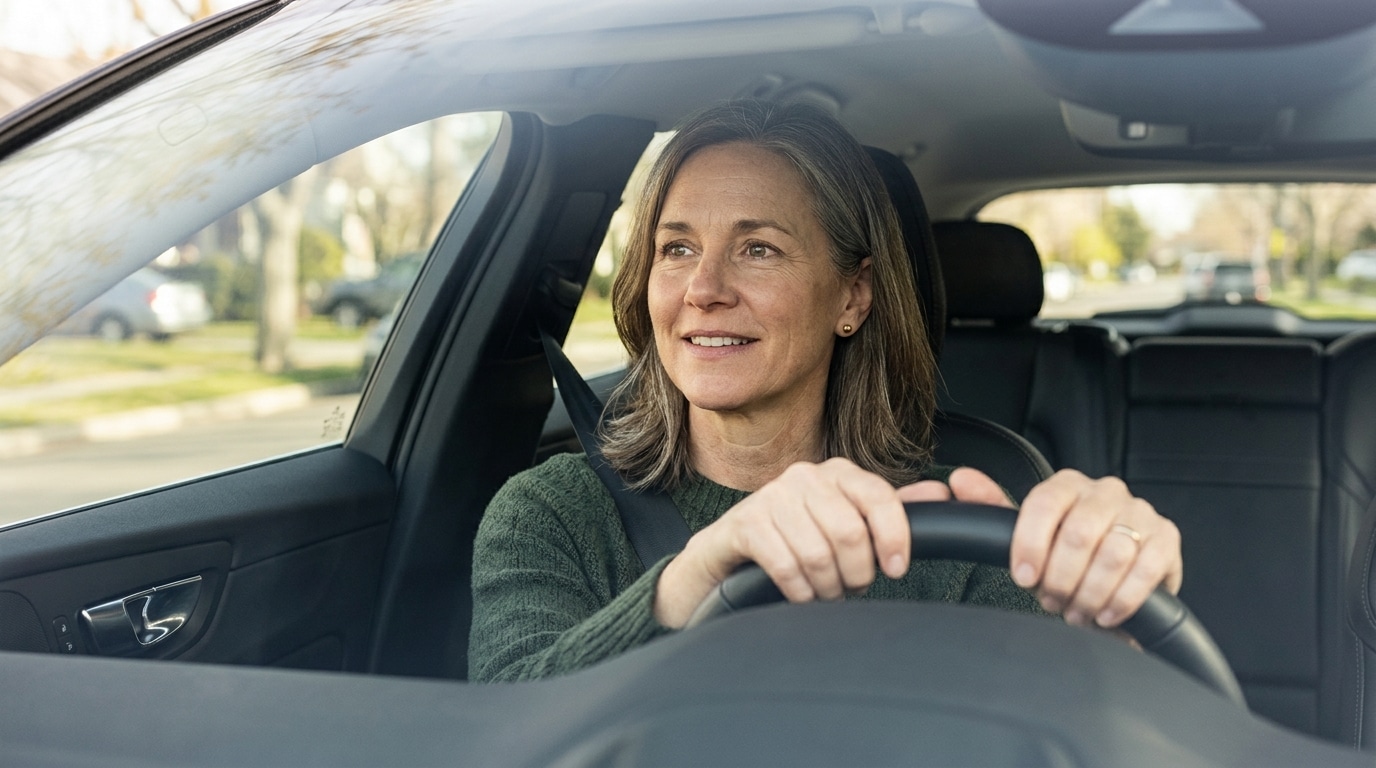 Automobiliste souriant et rassuré au volant de sa voiture