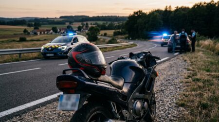 Moto garée sur le bas-côté d'une route de campagne