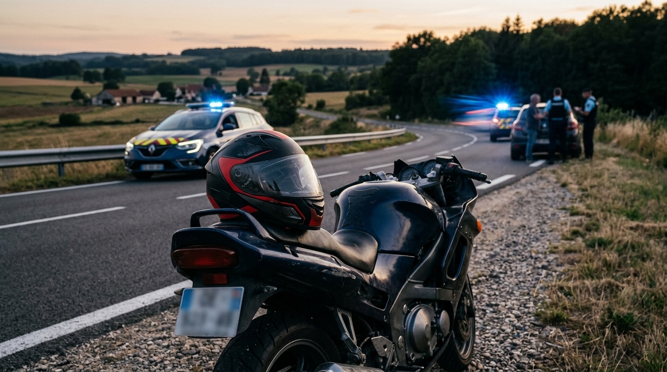 Moto garée sur le bas-côté d'une route de campagne