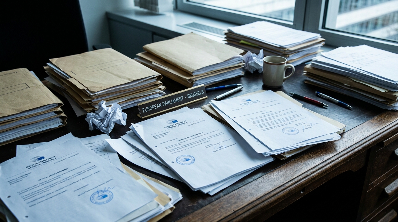Documents judiciaires et dossiers officiels éparpillés sur un bureau en bois