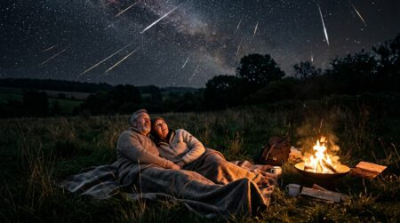 Observateurs allongés admirant les Perséides dans un champ nocturne