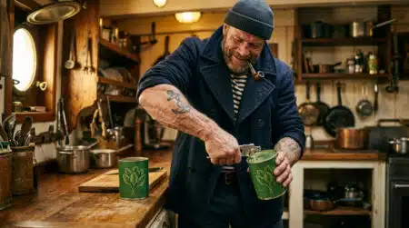 Personnage de marin musclé façon Popeye mangeant des épinards