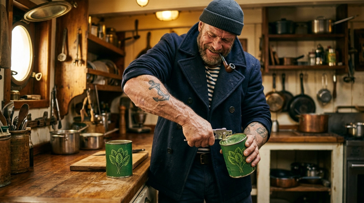 Personnage de marin musclé façon Popeye mangeant des épinards