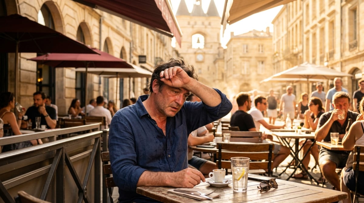 Personne à une terrasse de café à Bordeaux sous forte chaleur