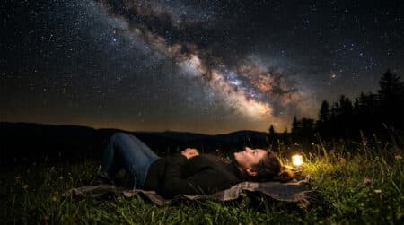 Personne allongée regardant la Voie lactée dans le ciel nocturne
