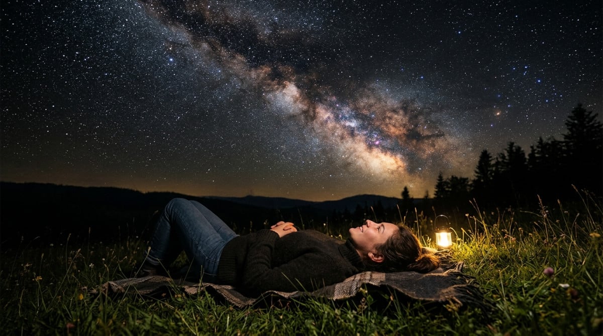 Personne allongée regardant la Voie lactée dans le ciel nocturne