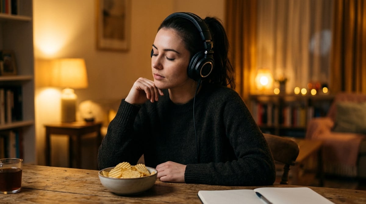 Personne concentrée avec casque écoutant le croustillant