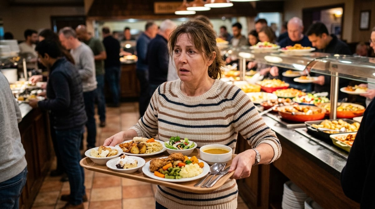 Personne devant un buffet à volonté chargé de plats