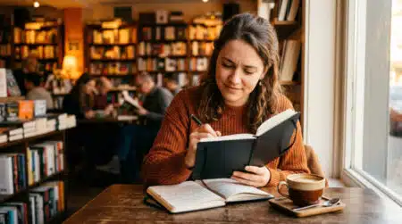 Personne écrivant dans un carnet Moleskine noir au café