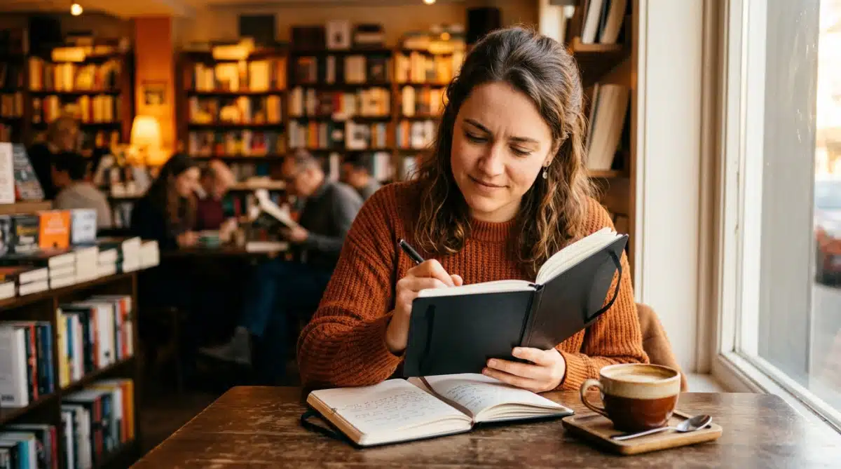 Personne écrivant dans un carnet Moleskine noir au café