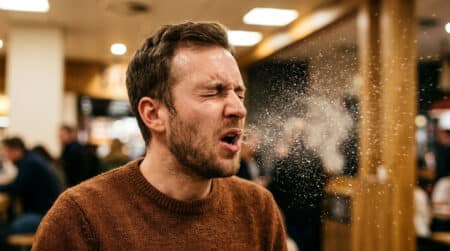 Personne en train d'éternuer avec gouttelettes visibles