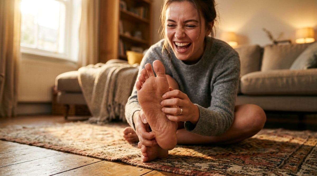 Personne essayant de se chatouiller le pied en riant