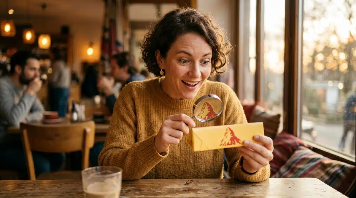 Personne examinant le logo Toblerone à la loupe