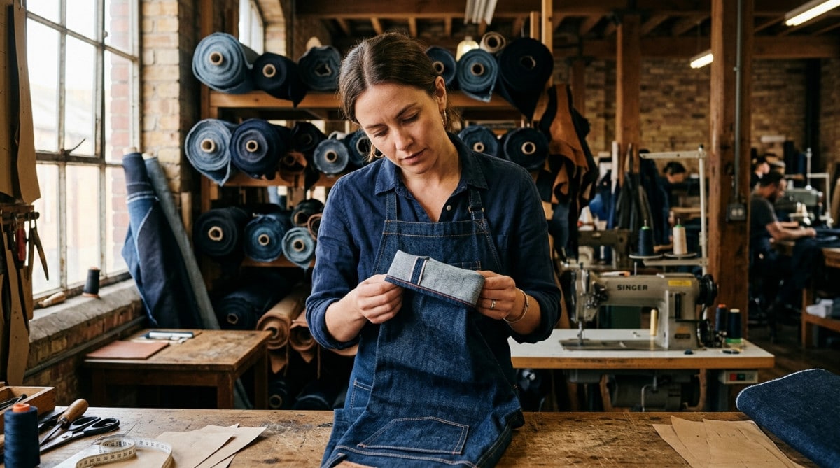 Personne examinant un jean brut selvedge en atelier