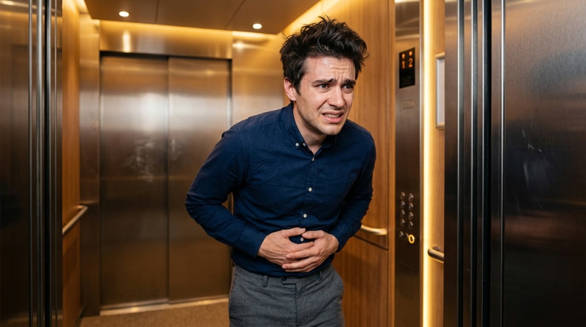 Personne gênée retenant un gaz dans un ascenseur