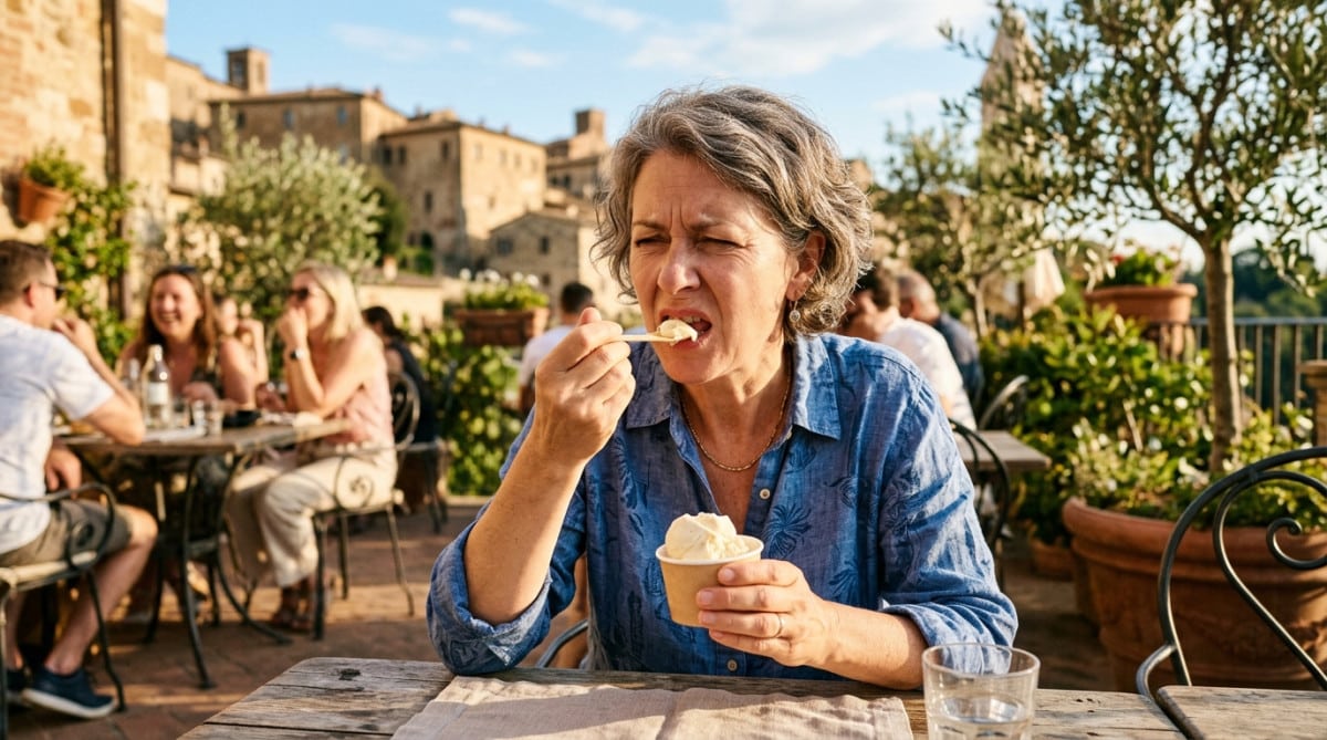 Personne grimaçant en mangeant une glace au soleil