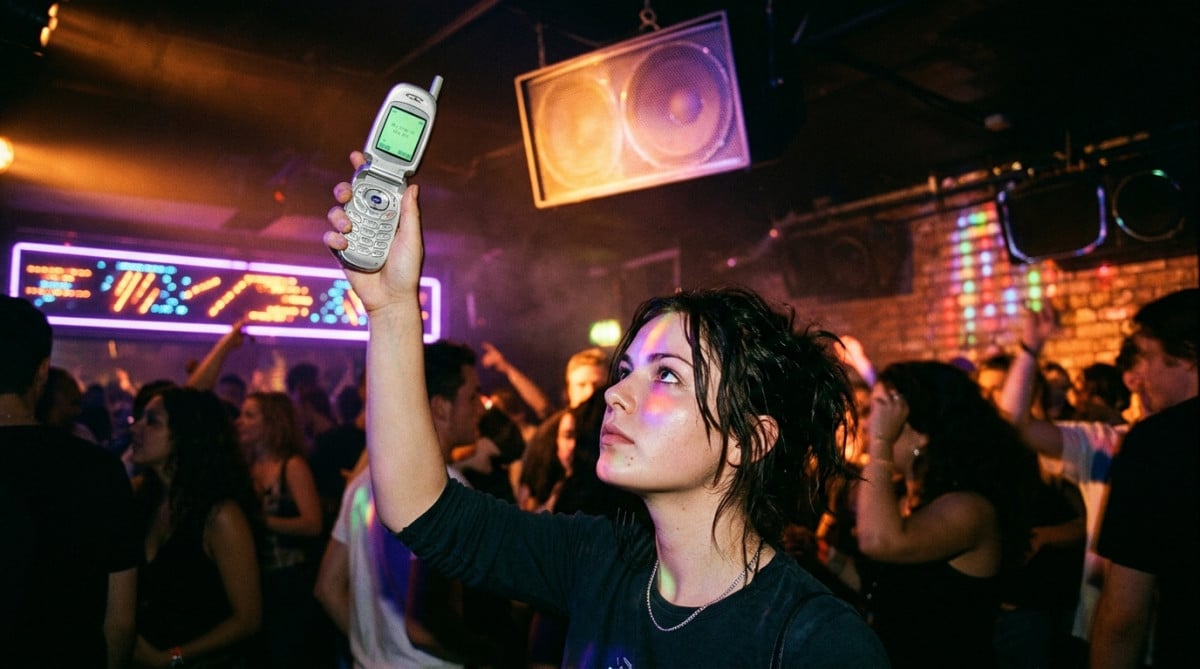 Personne identifiant une chanson avec un téléphone à clapet en boîte de nuit