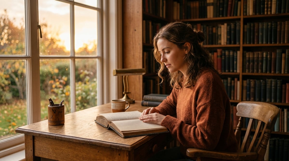 Personne lisant un livre papier à la lumière dorée