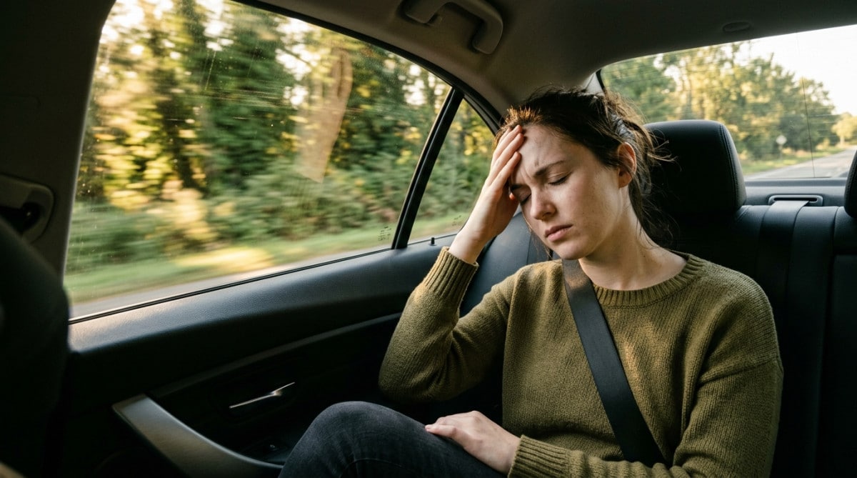 Personne mal à l'aise à l'arrière d'une voiture en mouvement