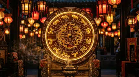 Personne méditant sereinement dans un jardin mystique doré, symbole de l'énergie Terre-Yin de l'horoscope chinois