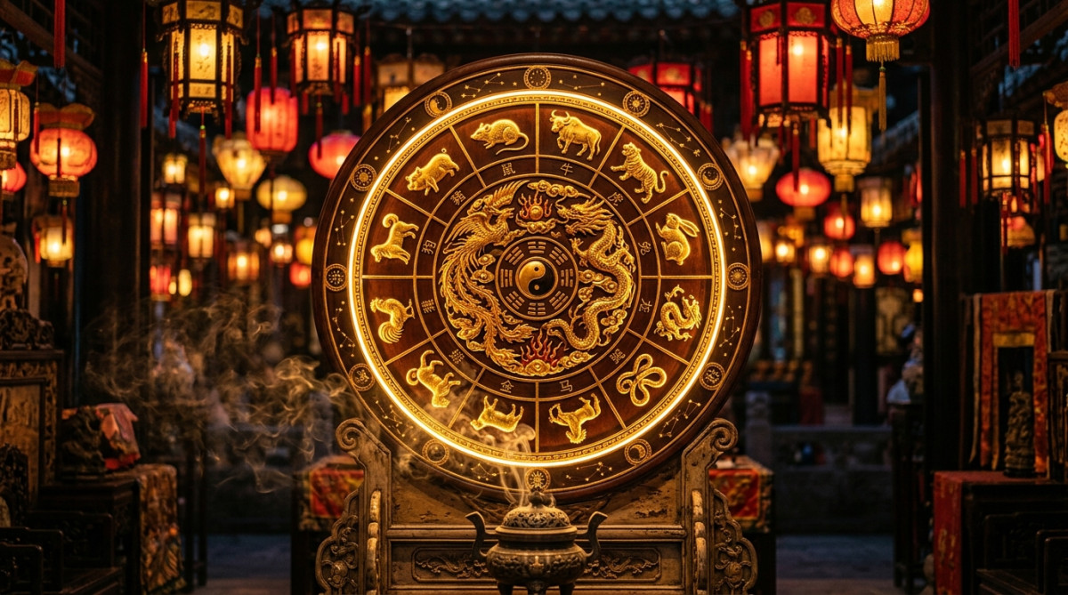 Personne méditant sereinement dans un jardin mystique doré, symbole de l'énergie Terre-Yin de l'horoscope chinois