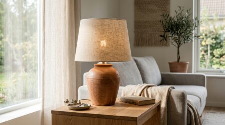 Lampe en céramique et abat-jour en lin sur meuble