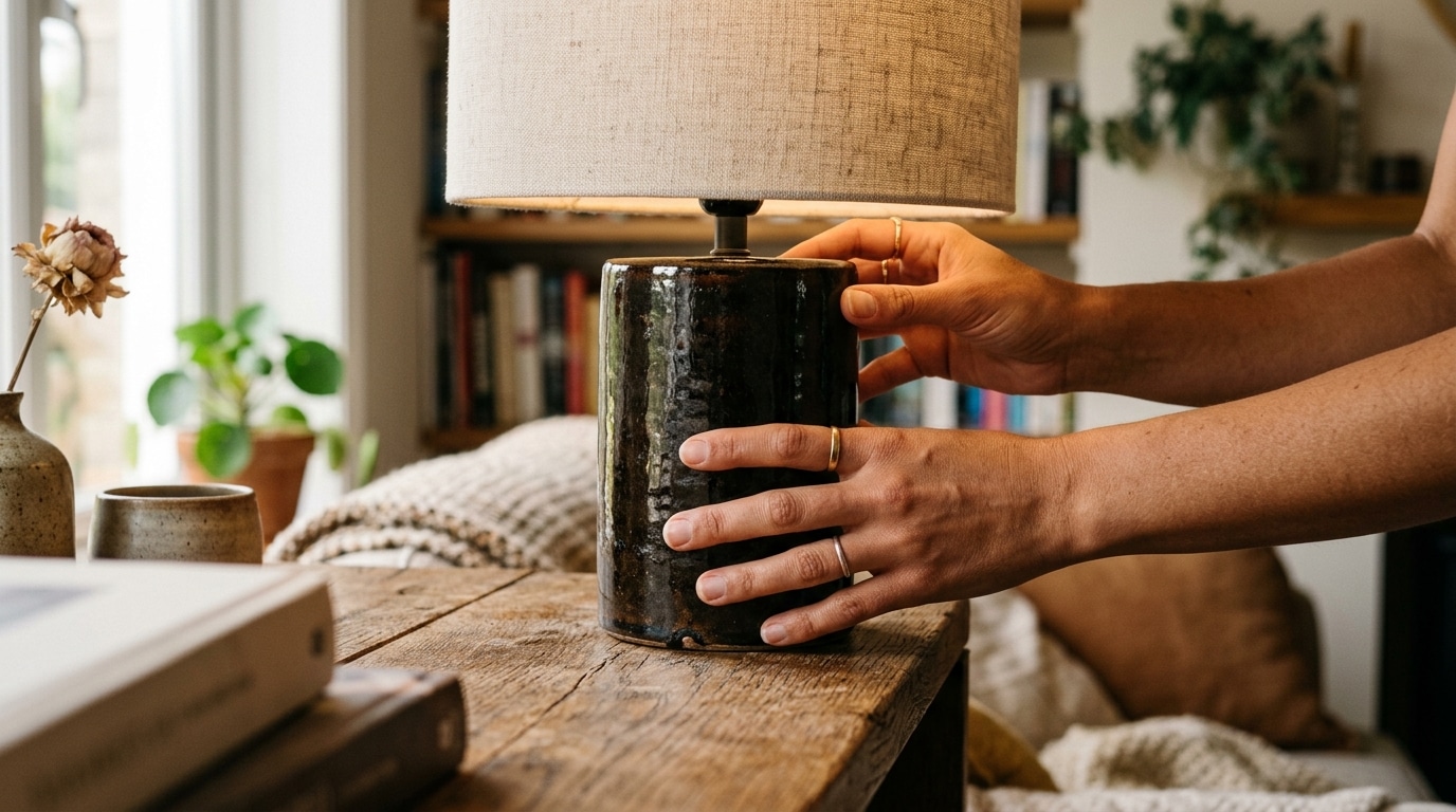 Mains ajustant une lampe céramique à émail sombre