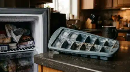Bac à glaçons en silicone sale posé sur un comptoir
