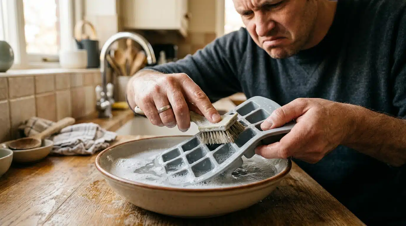 Mains nettoyant un bac à glaçons dans l'eau savonneuse