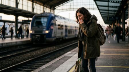 Voyageur bouleversé regardant les voies ferrées en gare