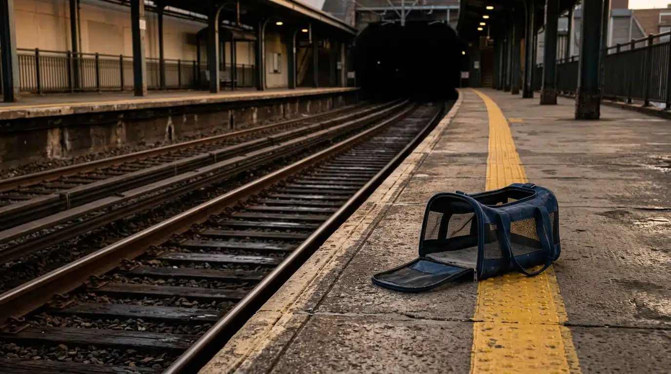 Sac de transport pour chat abandonné sur un quai de gare