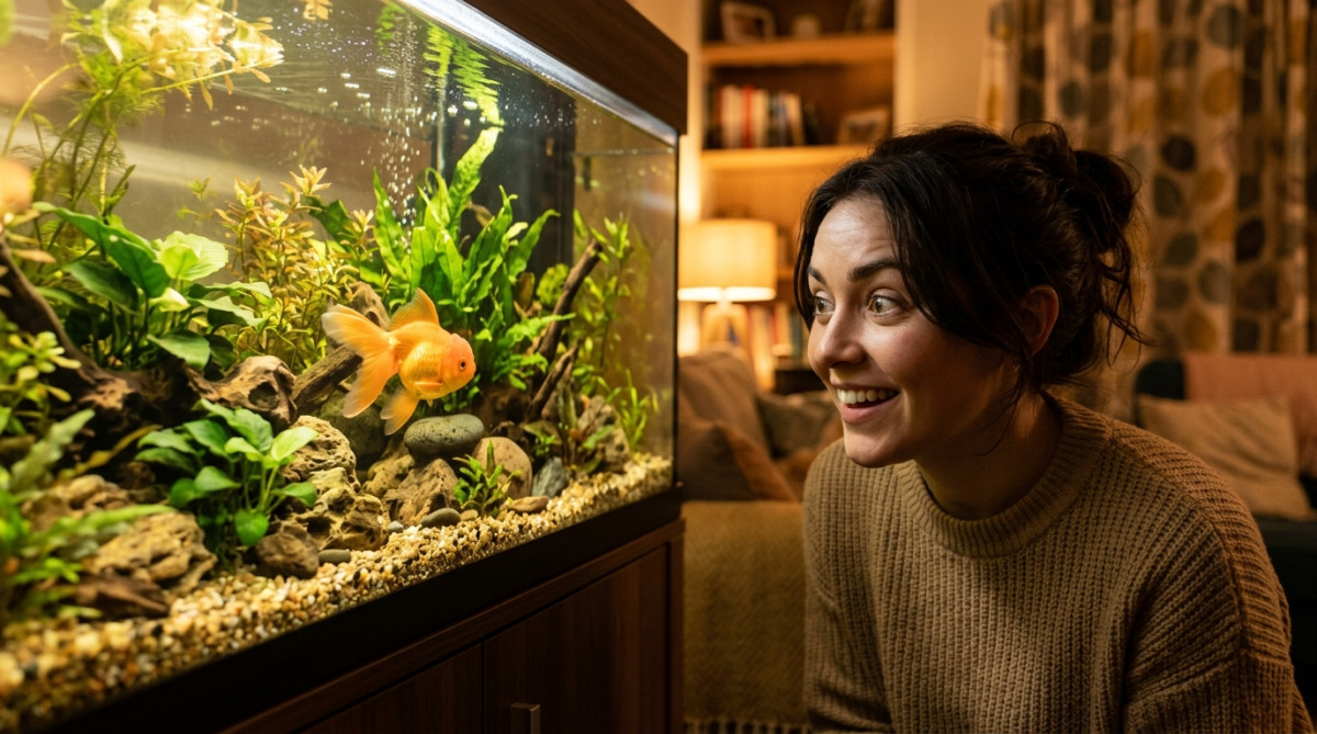 Personne observant un poisson rouge dans un aquarium décoré