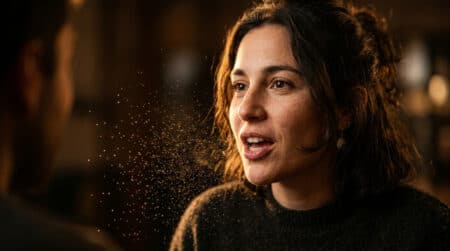 Personne parlant avec gouttelettes de salive illuminées en suspension