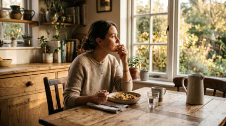 Personne posant sa fourchette pendant un repas