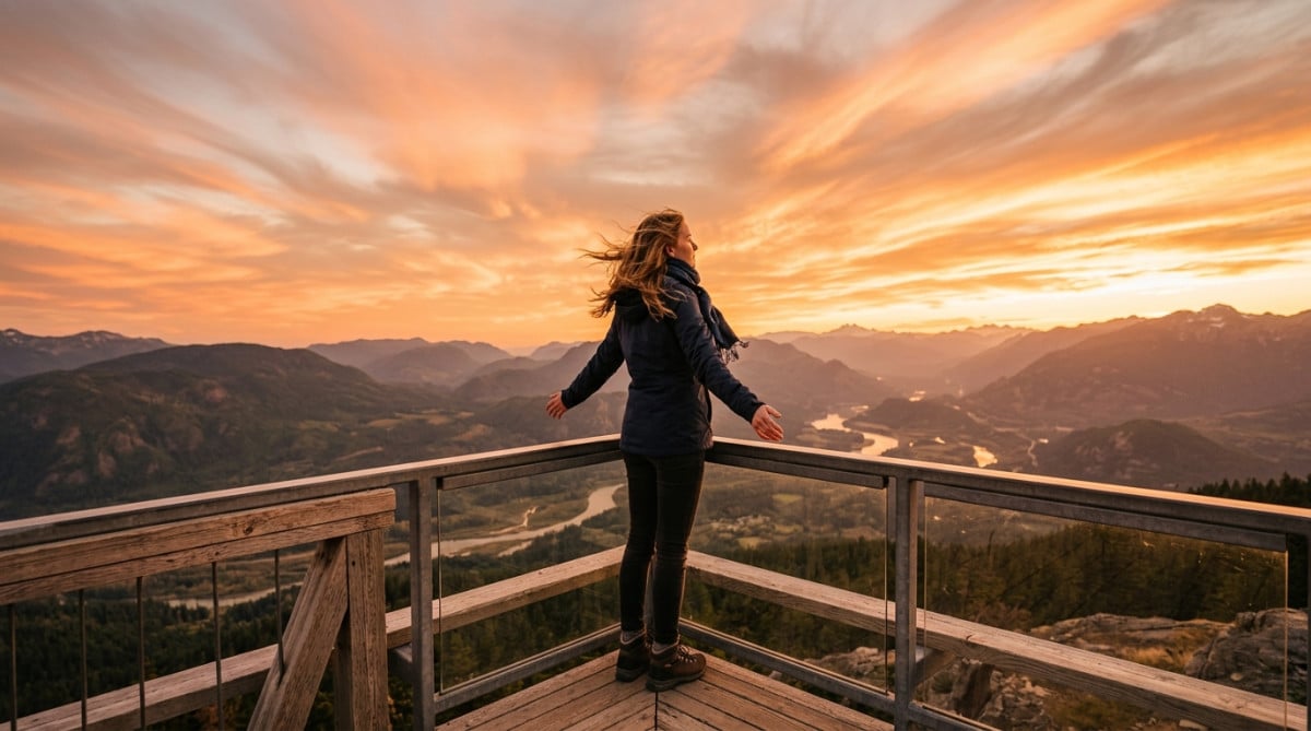 Personne ressentant le vent sur une terrasse au coucher du soleil