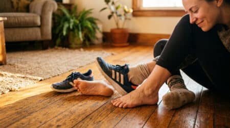 Personne retirant ses baskets après une journée de marche