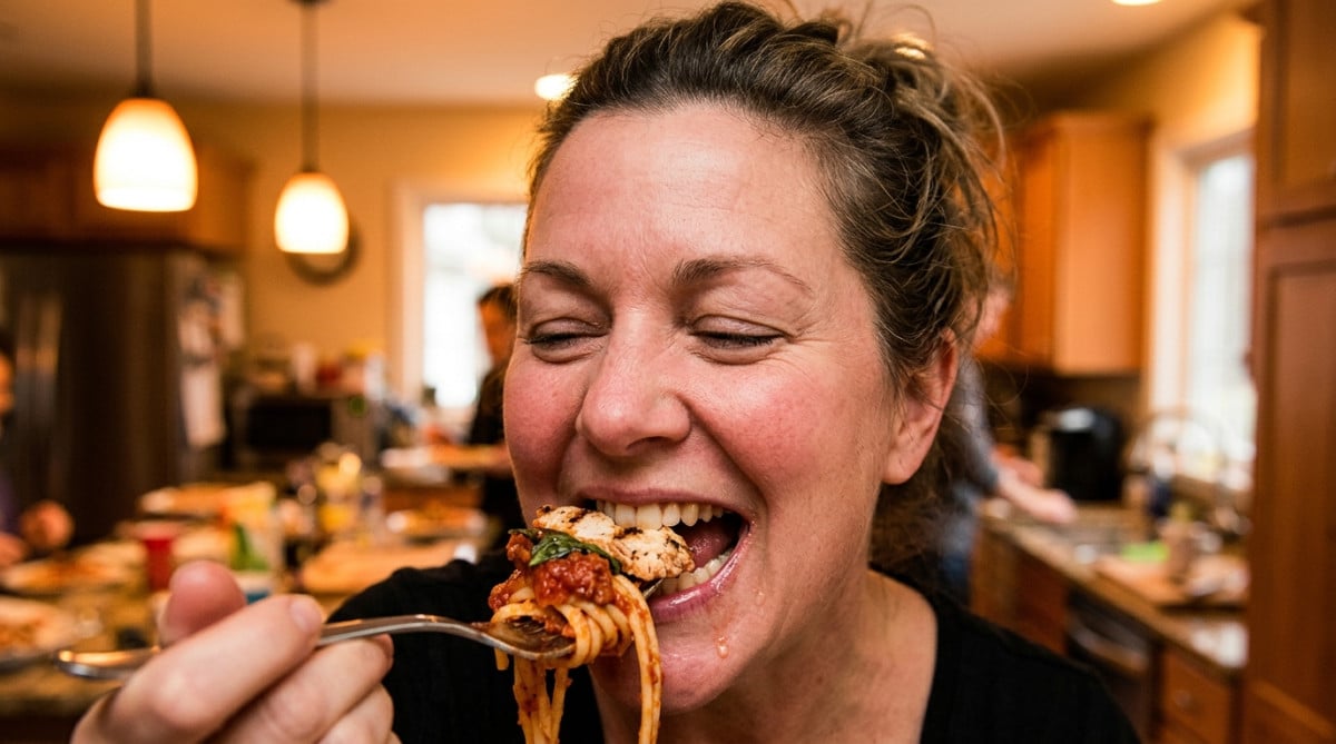 Personne salivant devant un plat appétissant en cuisine