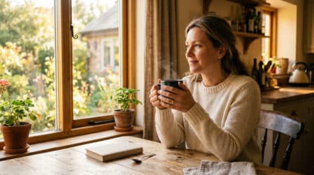 Personne savourant une tasse de café le matin