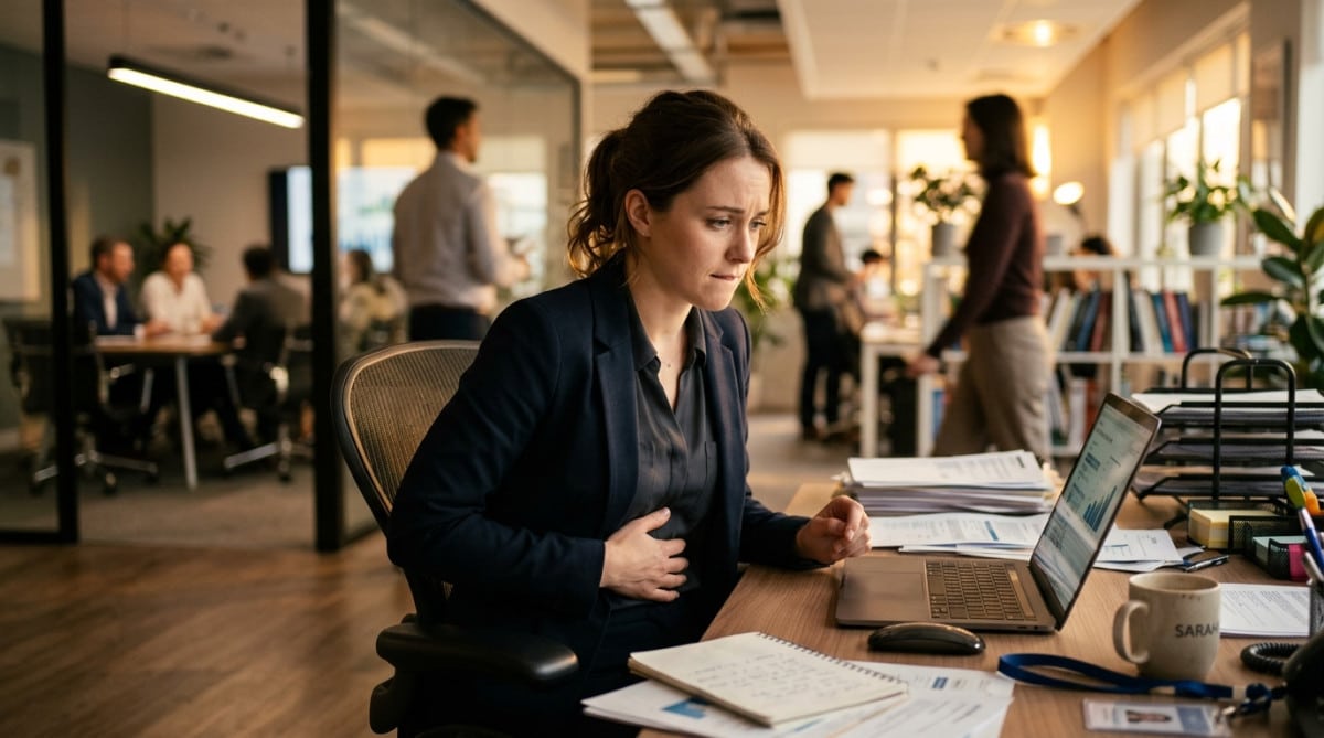 Personne stressée avant une réunion tenant son ventre