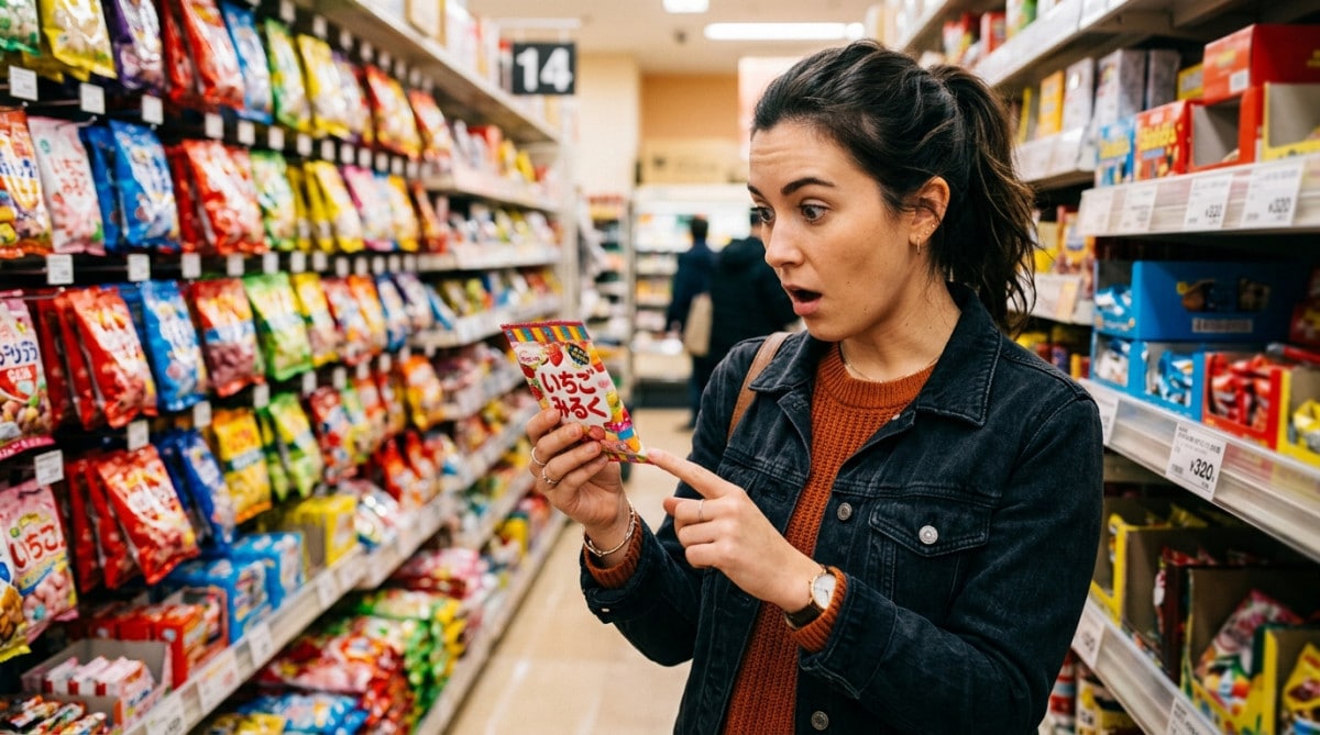 Personne surprise par le prix d'un paquet de bonbons en rayon
