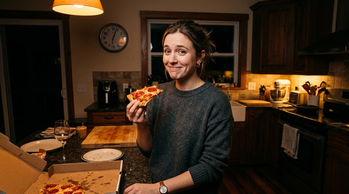 Personne tenant une part de pizza la nuit dans sa cuisine
