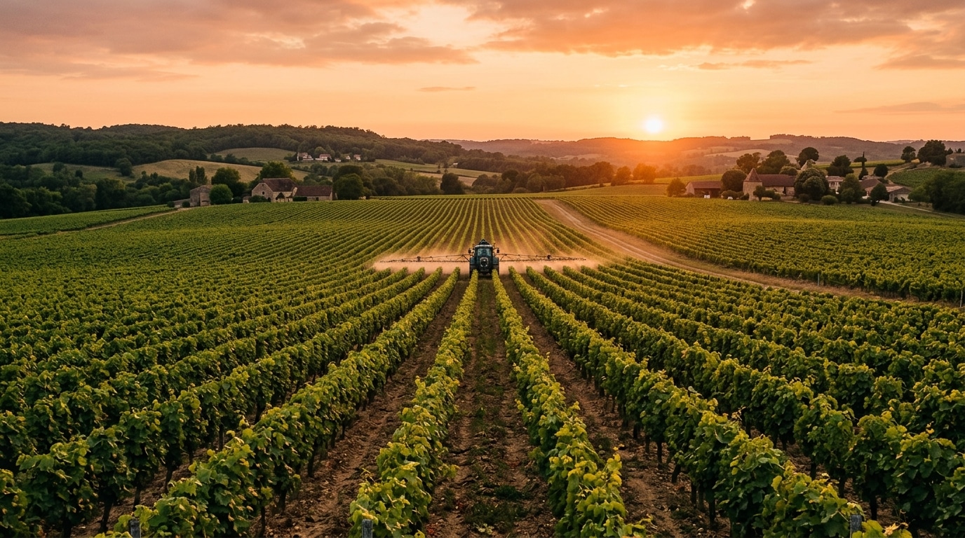 Champ agricole français au coucher de soleil avec pulvérisation de cultures en arrière-plan