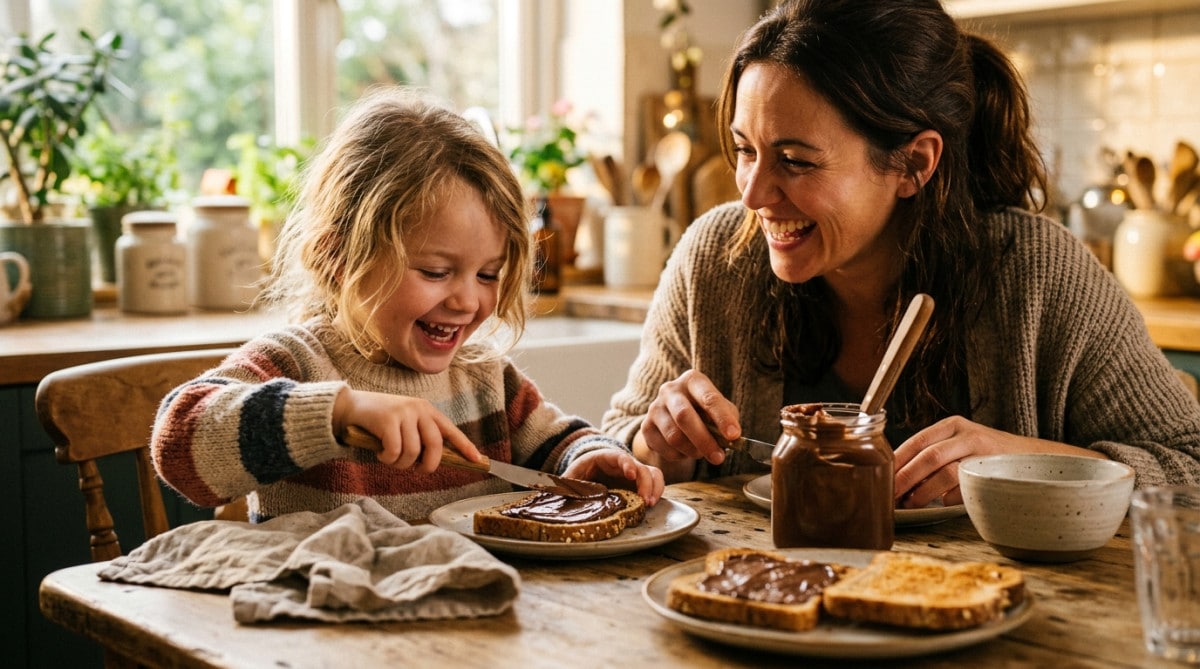 Petit-déjeuner familial avec pâte à tartiner chocolat