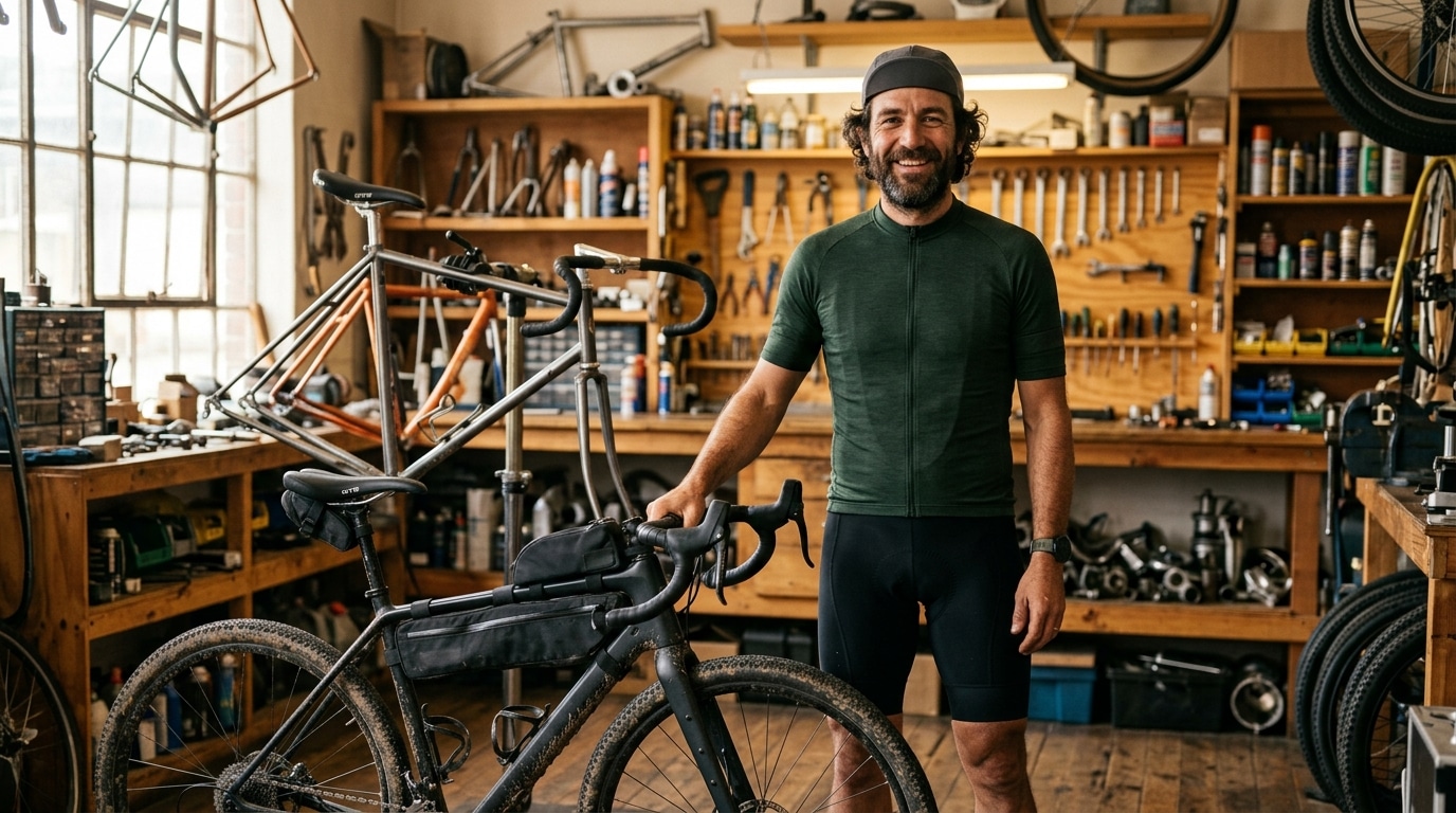 Cycliste souriant à côté d'un vélo gravel en atelier