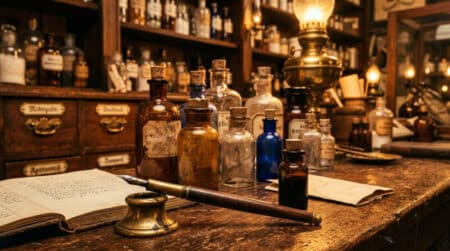 Pharmacie américaine du 19e siècle avec flacons vintage