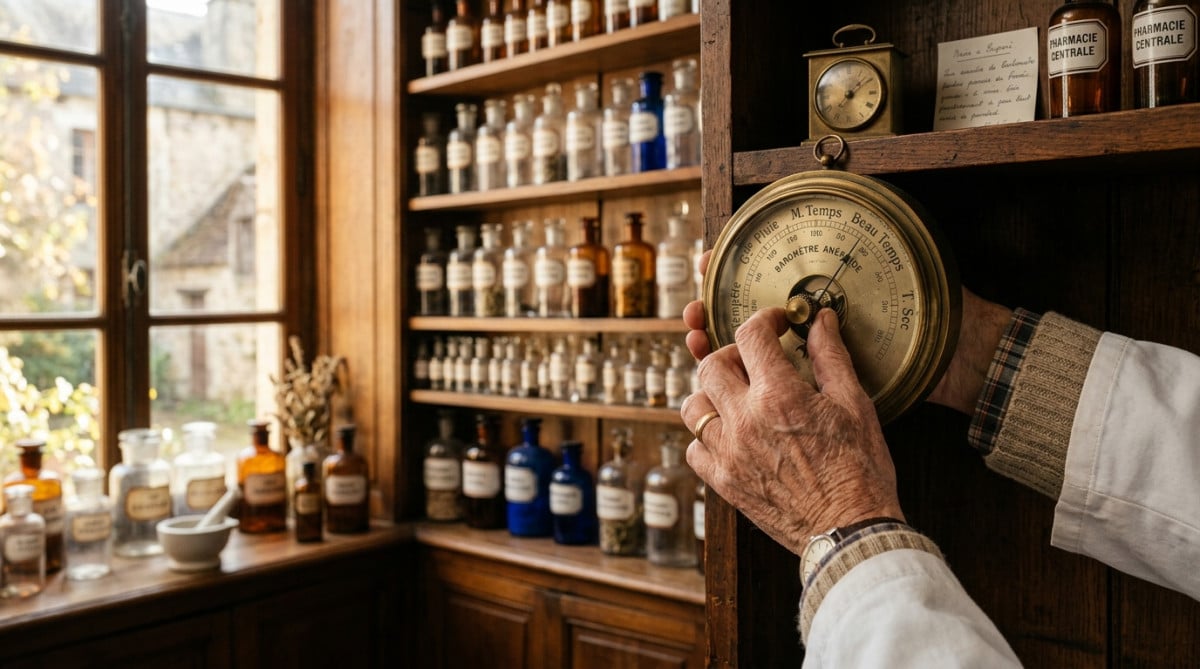 Pharmacien ajustant un baromètre ancien en officine